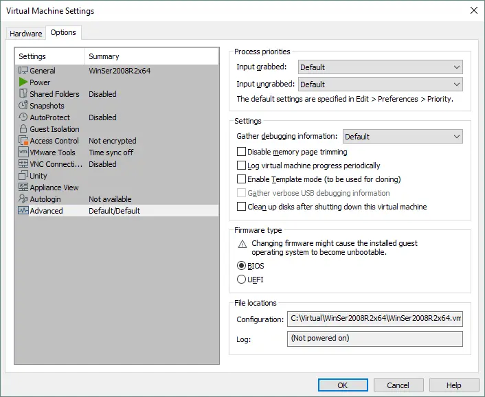 Virtual machine settings in VMware Workstation Pro