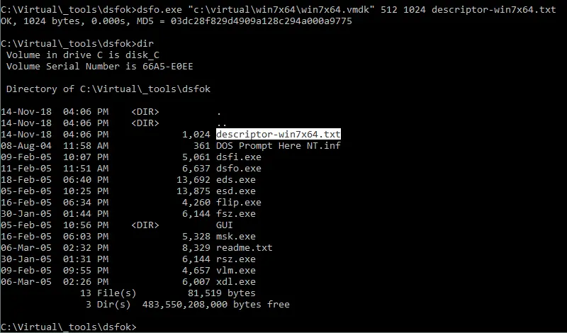 The VMDK virtual disk descriptor has been extracted
