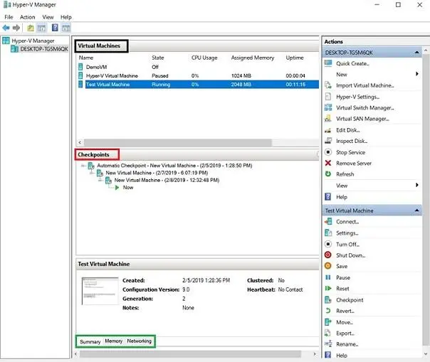 Sub-panes in Hyper-V Manager
