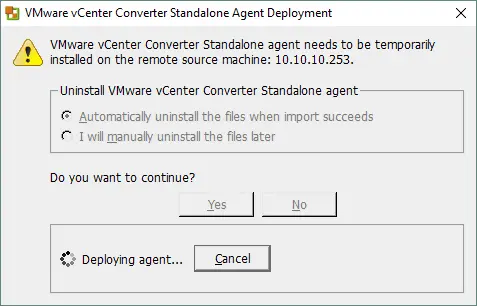 Deploying VMware vCenter Standalone Agent to a source Hyper-V Server