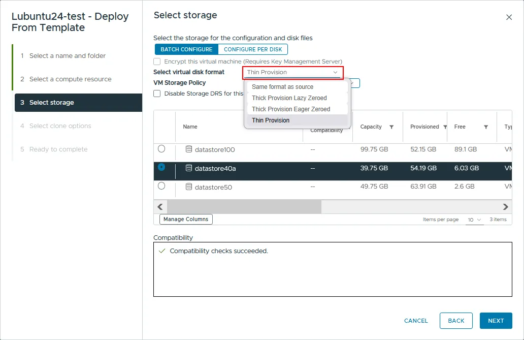 Selecting storage to store the VM files