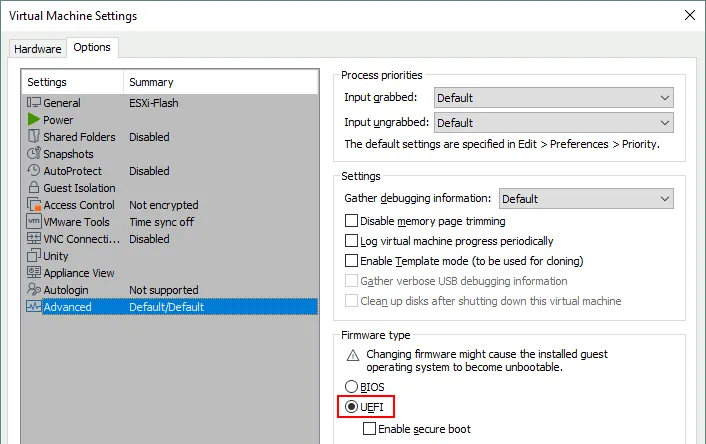 Select UEFI in VM settings